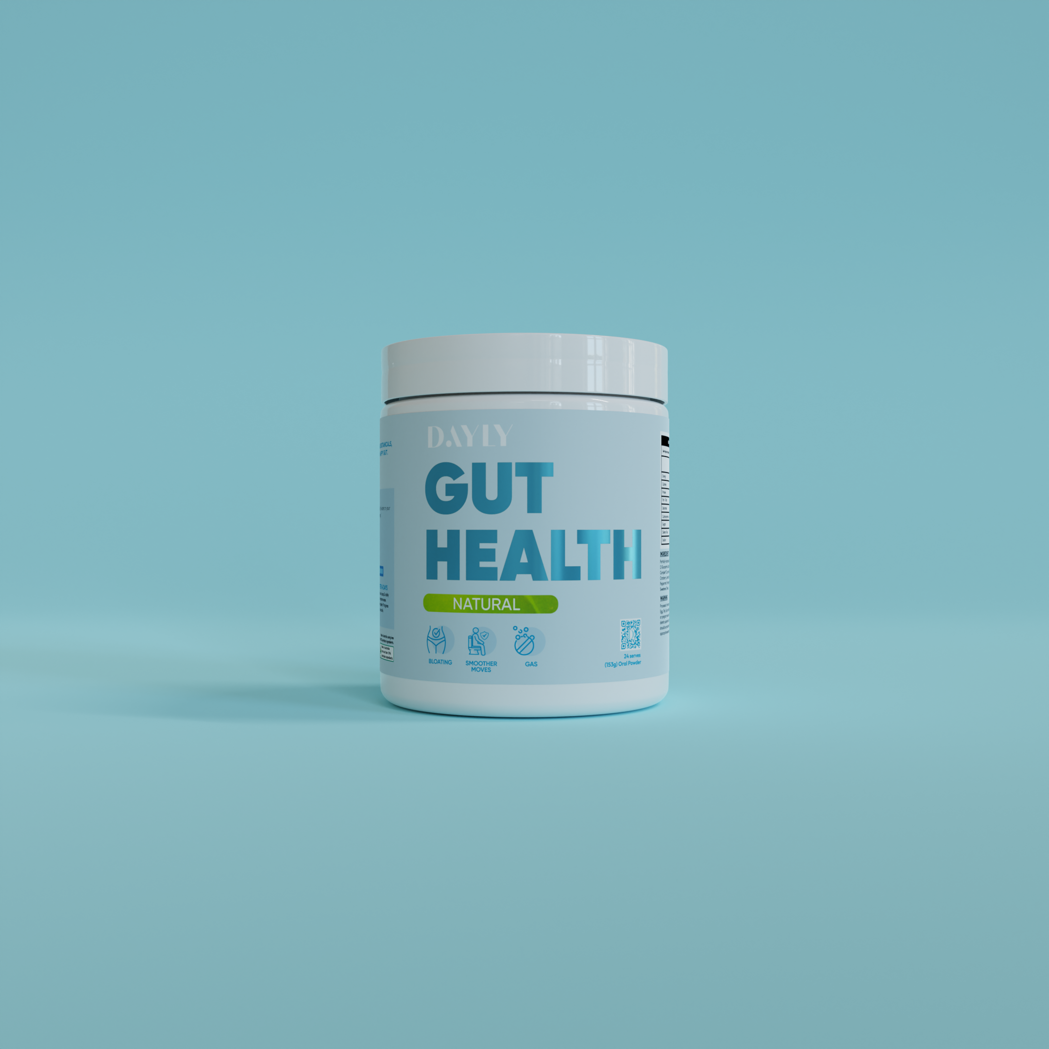 Natural flavour gut health product displayed on a vibrant blue background