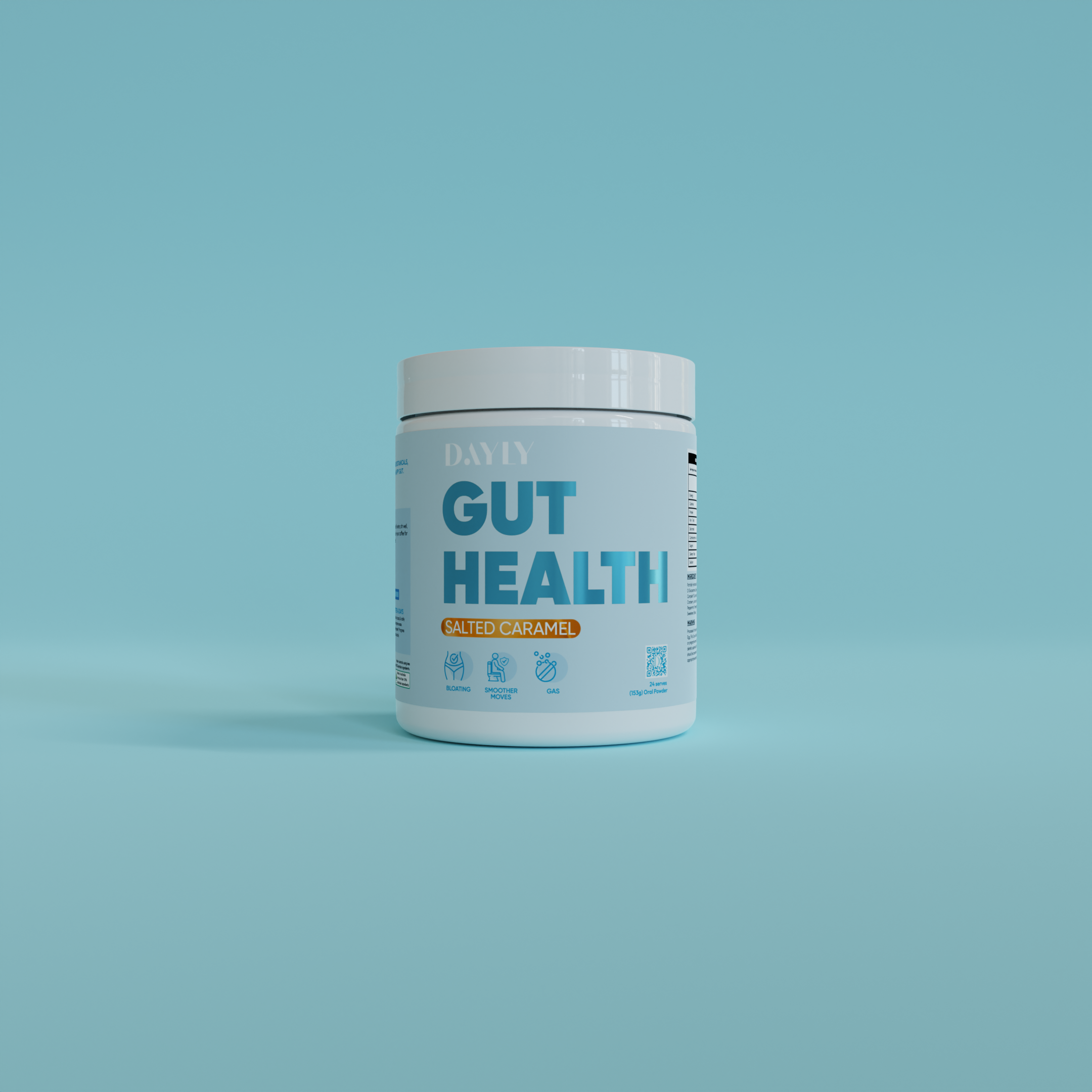 Salted Caramel gut health product displayed on a vibrant blue background