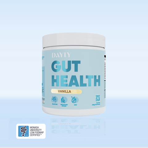 Dayly gut health tub blue background with low fodmap label 