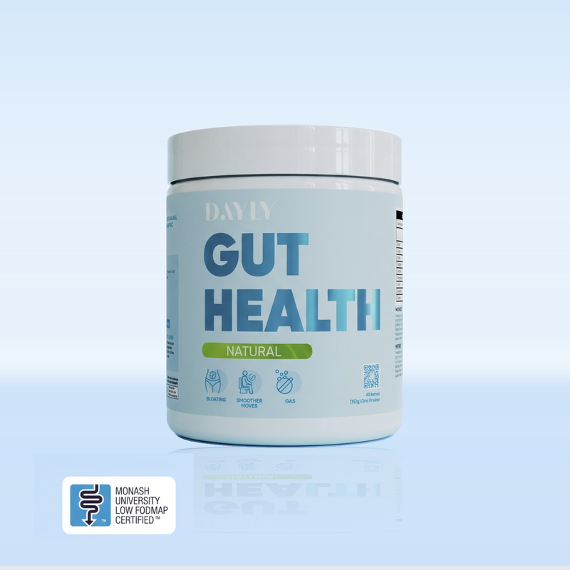 Dayly gut health tub blue background with low fodmap label 