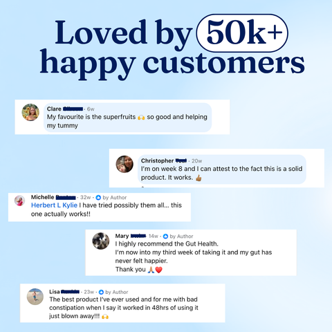 A promotional graphic with the headline 'Loved by 50k+ happy customers' above several customer review screenshots on a light blue background.