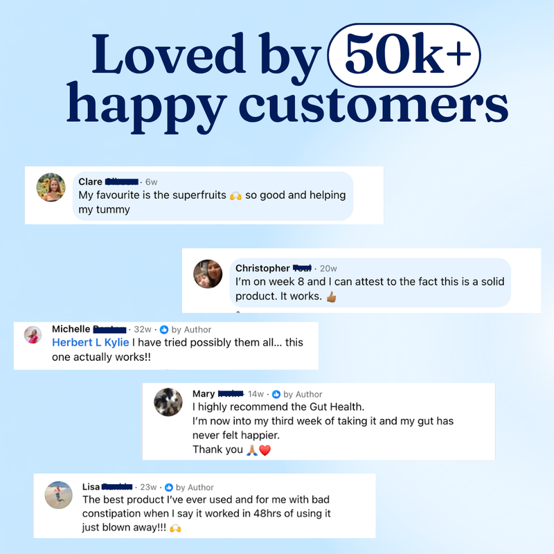 A promotional graphic with the headline 'Loved by 50k+ happy customers' above several customer review screenshots on a light blue background.