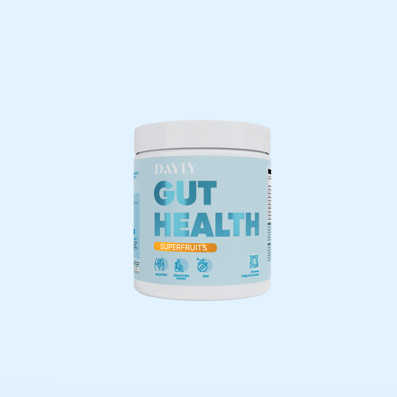 One tub of Dayly gut health super fruits on light blue background 