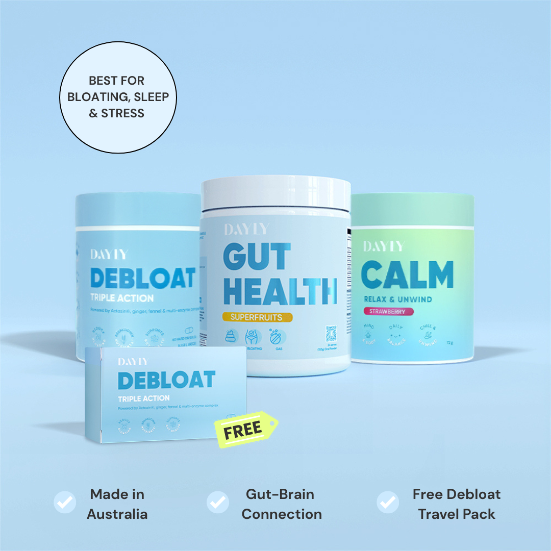 Gut stress bundle containing dayly debloat, gut health calm and debloat travel pack free 