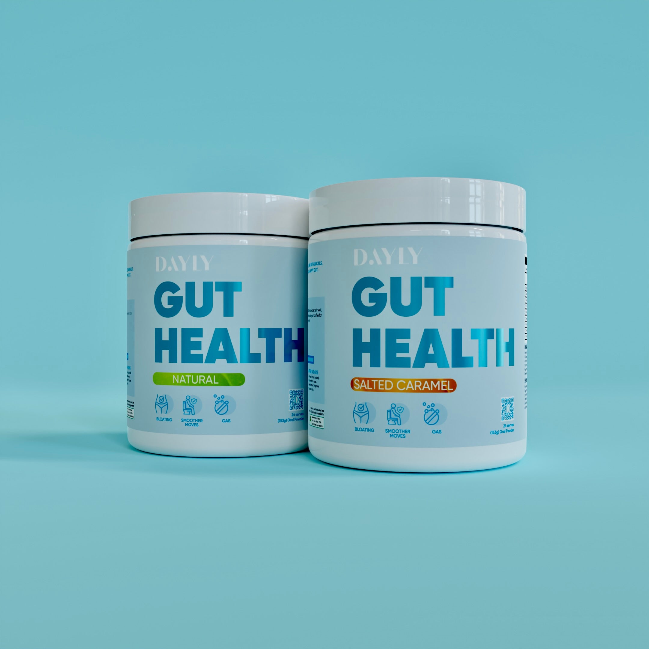 Natural and salted caramel DAYLY Gut Health bundle displayed on a vibrant blue background