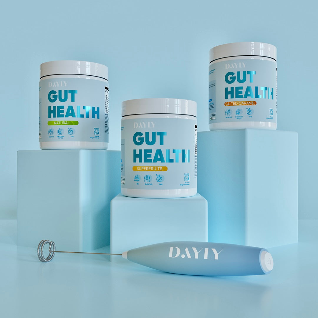 DAYLY Gut Health Essentials Bundle containing 1x tub salted caramel, 1x tub natural, 1x tub superfruits + free DAYLY whisk