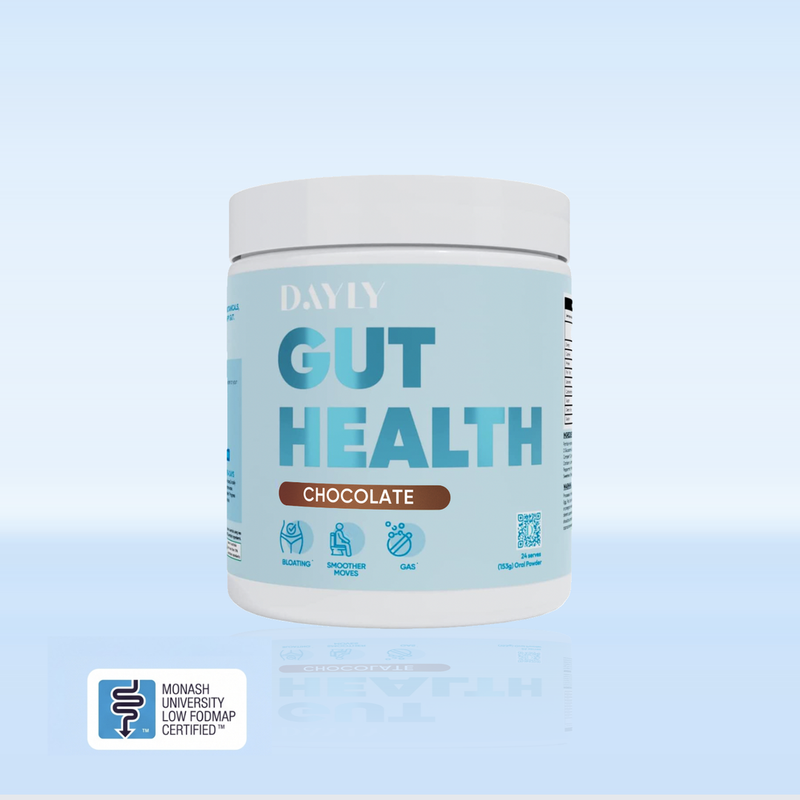 Dayly gut health tub blue background with low fodmap label 