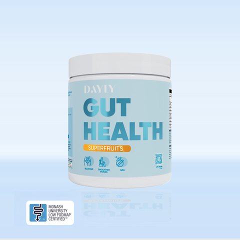 Dayly gut health tub blue background with low fodmap label 