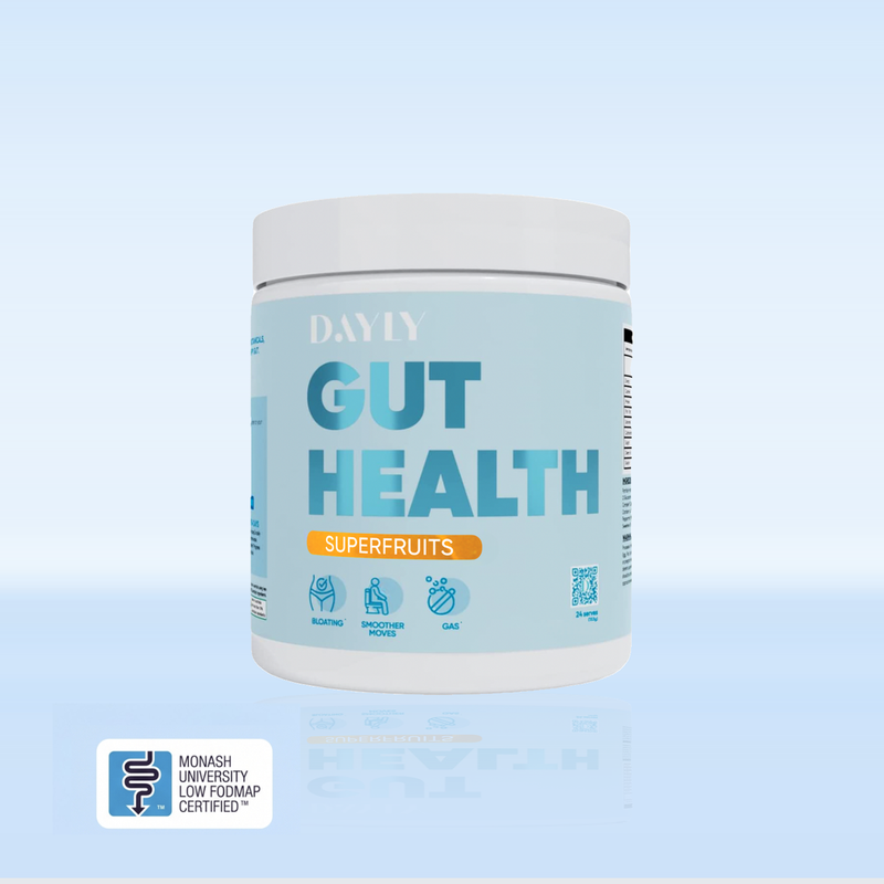 Dayly gut health tub blue background with low fodmap label 