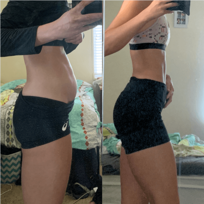 Before and after image of girl with bloated belly, to then flat stomach after taking DAYLY