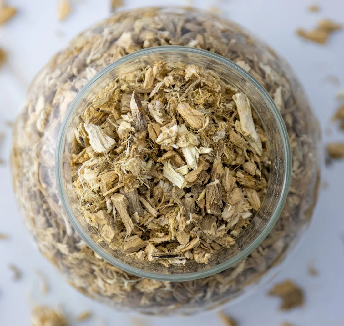 marshmallow root cut up in a glass jar
